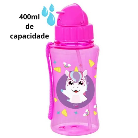 Garrafinha De Agua Infantil Squeeze Garrafa Com Canudo Retrátil De Silicone Menina Unicórnio Arco-íris Rosa