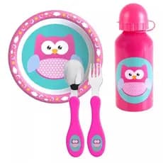 Kit Refeição Tigela + Kit Talher Garfo Colher + Garrafa De Alumínio Com Bico Alimentação Bebê Criança