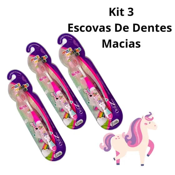 Kit 3 Escovas De Dentes Macia  Infantil Criança Unicórnio Rosa