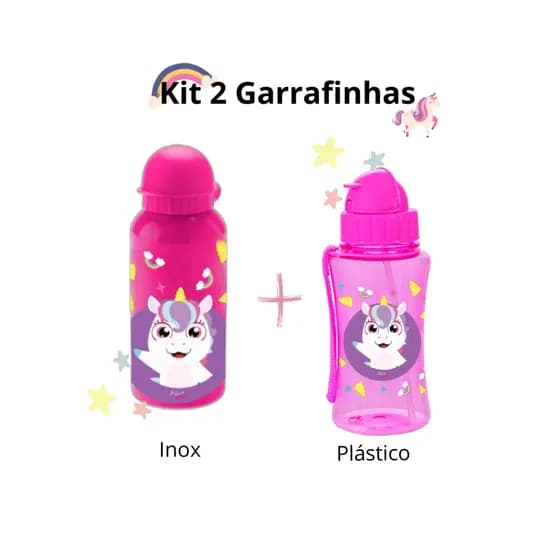 Kit 2 Garrafinhas Rosa Plástico Inox Alumínio Unicórnio Agua Suco