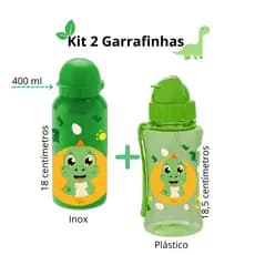 Kit 2 Garrafinha Verde Dinossauro Plástico Alumínio Inox Menino Agua Suco