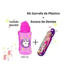 Kit 1 Garrafa Rosa De Plástico De Agua Com Canudo Retrátil + 1 Escova De Dentes Macia Unicórnio Infantil