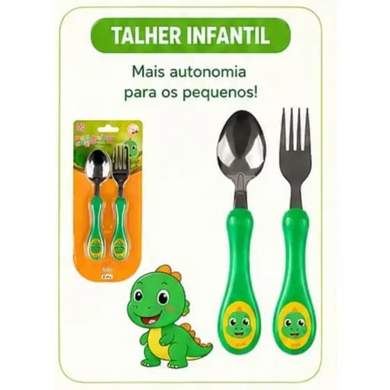Kit Talher Dinossauro Infantil Bebê Garfo e Colher Inox Não Machuca