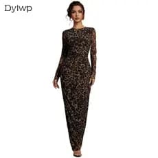 Vestido Feminino De Manga Comprida Para Festa Em Clube Com Elegante Bodycon Estampa De Leopardo Malha Transparente