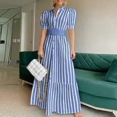 Vestido Maxi Listrado Feminino Moda Mangas Bufantes Estampado Longo Com Cinto