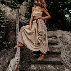Saia feminina Casual retrô solta de verão com bolso com cordão saia longa boêmia