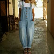 Macacão Feminino Solto Jeans Com Alça Ajustável