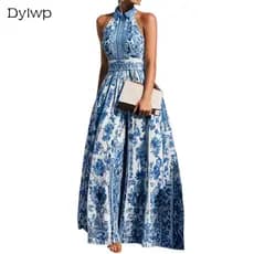 Dylwp Vestido Maxi Feminino Com Gola Halter Estampado Sem Mangas Evasê Longo Azul