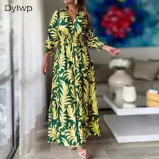 Vestido Longo Feminino Moda Estampado Retrô De Manga Comprida