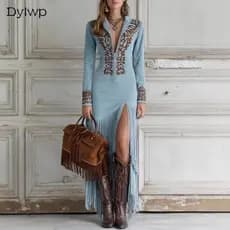 Dylwp Vestido Feminino De Manga Comprida Com Borla , Primavera Verão , Estilo Étnico Retrô