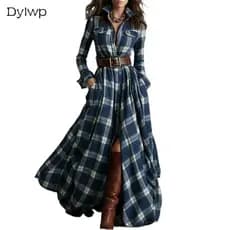 Vestido Xadrez Camisa Feminino Casual De Manga Comprida Com Cinto Maxi Estilo Vintage