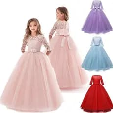 Moda 2026 Crianças Meninas Vestido De Princesa Renda Flor 3/4 Manga Tule Até O Chão Festa De Casamento