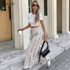 Calça Feminina Com Cordão Dylwp Casual Listras Laterais