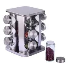 Porta Tempero Condimento Inox Qd 12 Potes + Suporte Giratório