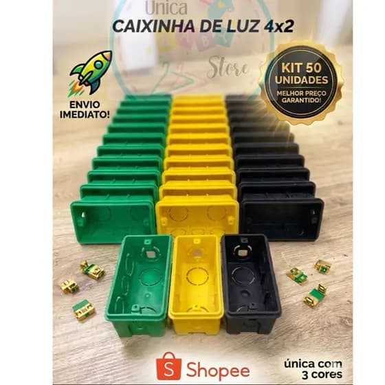 kit 50 CAIXA DE LUZ 4x2 Reforçada P/ TOMADAS INTERRUPTOR Embutir Amarelo/Preto/Verde