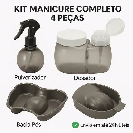 Kit Profissional Manicure 4 Peças – Pulverizador + Dosador + Bacia Mãos + Bacia Pés
