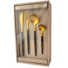 Kit Talheres 24 Pçs Inox Cabo Madeira Dourado Para Jantar Sofisticado | Lyor