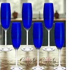 Jogo 6 Taças de Cristal Luxo Azul Alto Brilho Para Champanhe/Espumante 220 ml Colibri/Gastro Bohemia