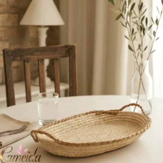 Centro de Mesa /Fruteira de Fibra Natural com Alça Tamanho Grande  Decoração 52x29x5,5cm  Paramount