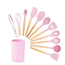Kit Utensílios De Cozinha 12 Peças Silicone Rosa com Suporte