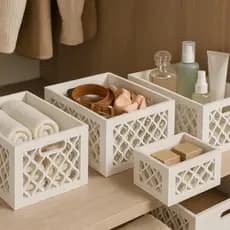 Kit De Cestos Multiuso Trançados De Madeira Paramount Branco- Boho Para Organização