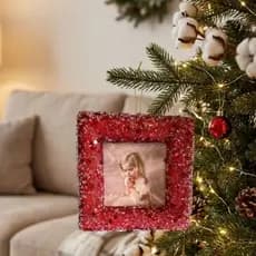 Enfeite Natalino Porta Retrato Para Árvore de Natal - Porta Retrato Vermelho com Brilho 12cm -