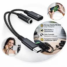 Adaptador USB OTG  2 Em 1 Tipo C P2 3,5mm Áudio Para Fone De Ouvido Conector Carregamento Gamer Celular Notebook Type C