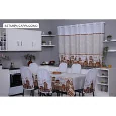 Kit Cozinha Oxford 3 Peças Estampado – Cortina, Toalha de Mesa e Capas de Cadeira