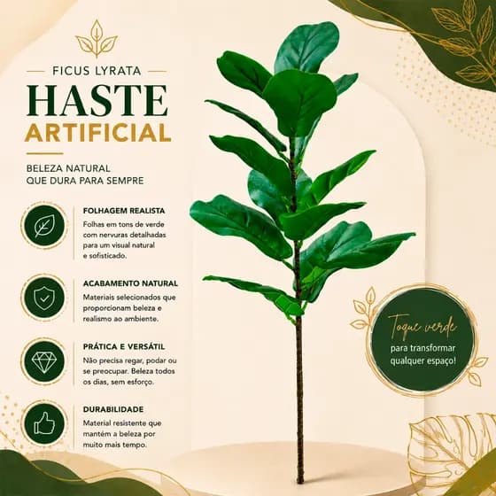 Planta Artificial Fícus Lyrata Jiboia Ramo Haste Galho 13 Folhas 60 CM Realista Decoração Toque Real