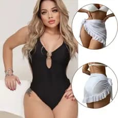 Kit 2 Peças Maiô Com Bojo E Saída De Praia Pareo Babado Conjunto Perfeito Verão Feminino Maiô Biquini Cintura Alta