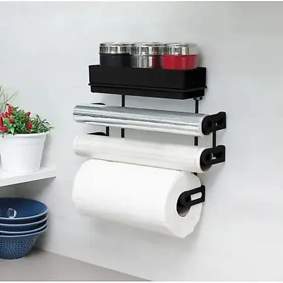 Suporte Papel Toalha C/ Suporte Potes Laminado Filme Tempero Parede Preto