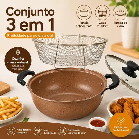 Fritadeira Panela 28 cm com Cesto Inox e Tampa de Vidro para Batata Frango e Petiscos
