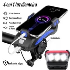 Kit Multifuncional Farol Led Bike 4 Em 1 Recarregavel Suporte Celular Power Bank