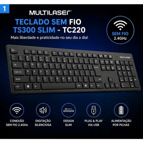 Teclado Sem Fio Multilaser TS300 Slim TC220 | Ultra Fino + Silencioso + USB