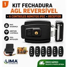Kit Fechadura Elétrica AGL Reversível + 6 Controles Remotos + Receptor Sem Fio Segurança Residencial