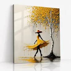 Quadro Decorativo Mulher Vestido Amarelo Árvore Dourada em MDF Sala Quarto Elegante