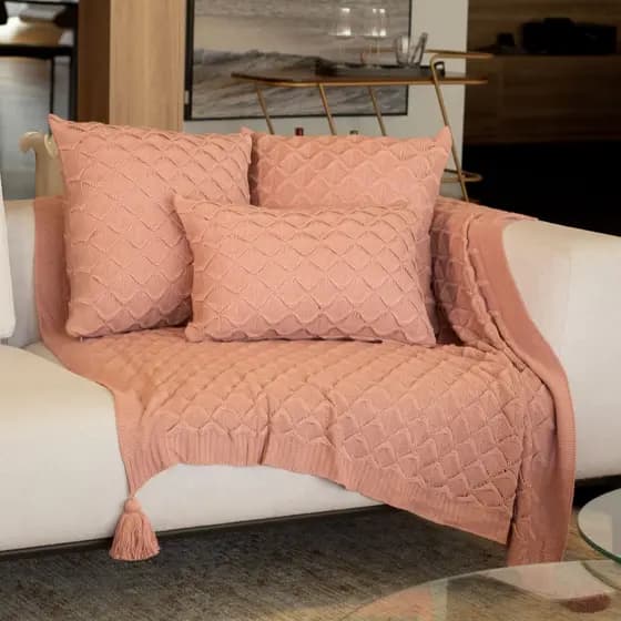 Manta Tricô Decorativa + Almofada 50x50 + Almofada 50x30 Luxo Sofá Cama Sala Elegante ALANA ROSA PRATA