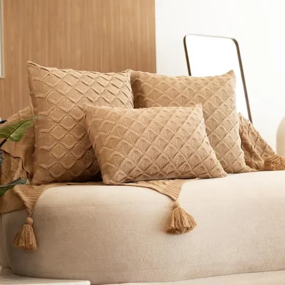 Manta Tricô Decorativa + Almofada 50x50 + Almofada 50x30 Luxo Sofá Cama Sala Elegante ALANA COLMÉIA