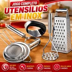 Kit Ralador Descascador de Legumes Peneira Espremedor e Triturador de Alho Amassador Inox Cozinha
