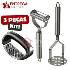 Kit 3 Peças Triturador de Alho Cortador de Legumes Descascador Amassador de Batata  Inox