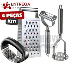 Kit 4 Utensílios para Cozinha Inox Triturador de Alho Descascador Legumes Amassador Batata Ralador
