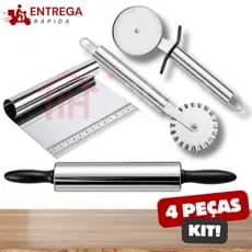 Kit 4 Peças Rolo de Massa Espátula Raspadora com Régua Cortadores de Pizza e de Massa de Pastel Inox