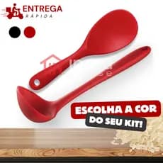 Kit 2 Utensílios Silicone – Concha 29cm e Colher de Arroz 21,5cm Reforçada, Preto e Vermelho