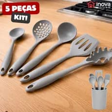 Kit 5 Utensílios para Cozinha de Silicone Escumadeira Concha Espátula Colher de Arroz Pegador