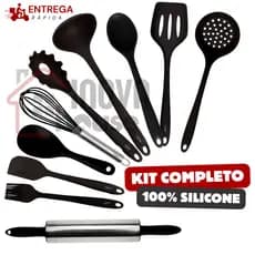 Kit 8, 9 ou 10 Utensílios Silicone Cozinha Espátula Concha Colher Pincel Antiaderente Jogo Completo