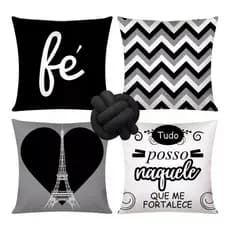 Kit 4 Almofadas Cheias Decorativas + 1 Almofada De Nó Paris Preta