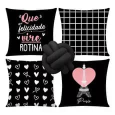 Kit 4 Almofadas Cheias Decorativas + 1 Almofada De Nó Felicidade Preto