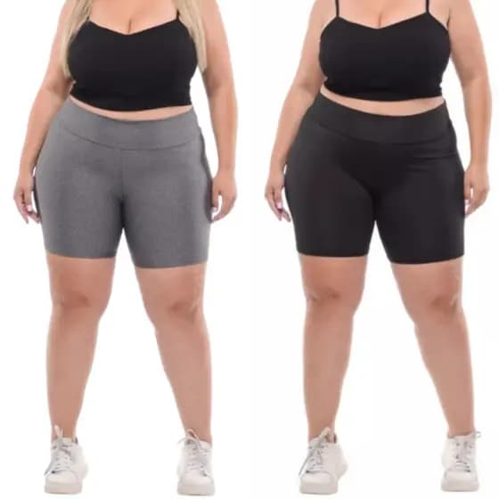 Kit 2 Short Feminino Plus Size Meia Coxa Academia Legging Suplex Cintura Alta Levanta Bumbum