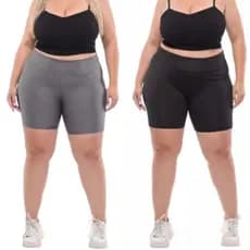 Kit 2 Short Feminino Plus Size Meia Coxa Academia Legging Suplex Cintura Alta Levanta Bumbum