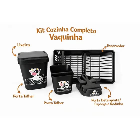Kit cozinha completo - Escorredor - Porta talher - Porta rodinho e esponja e lixeira elegance